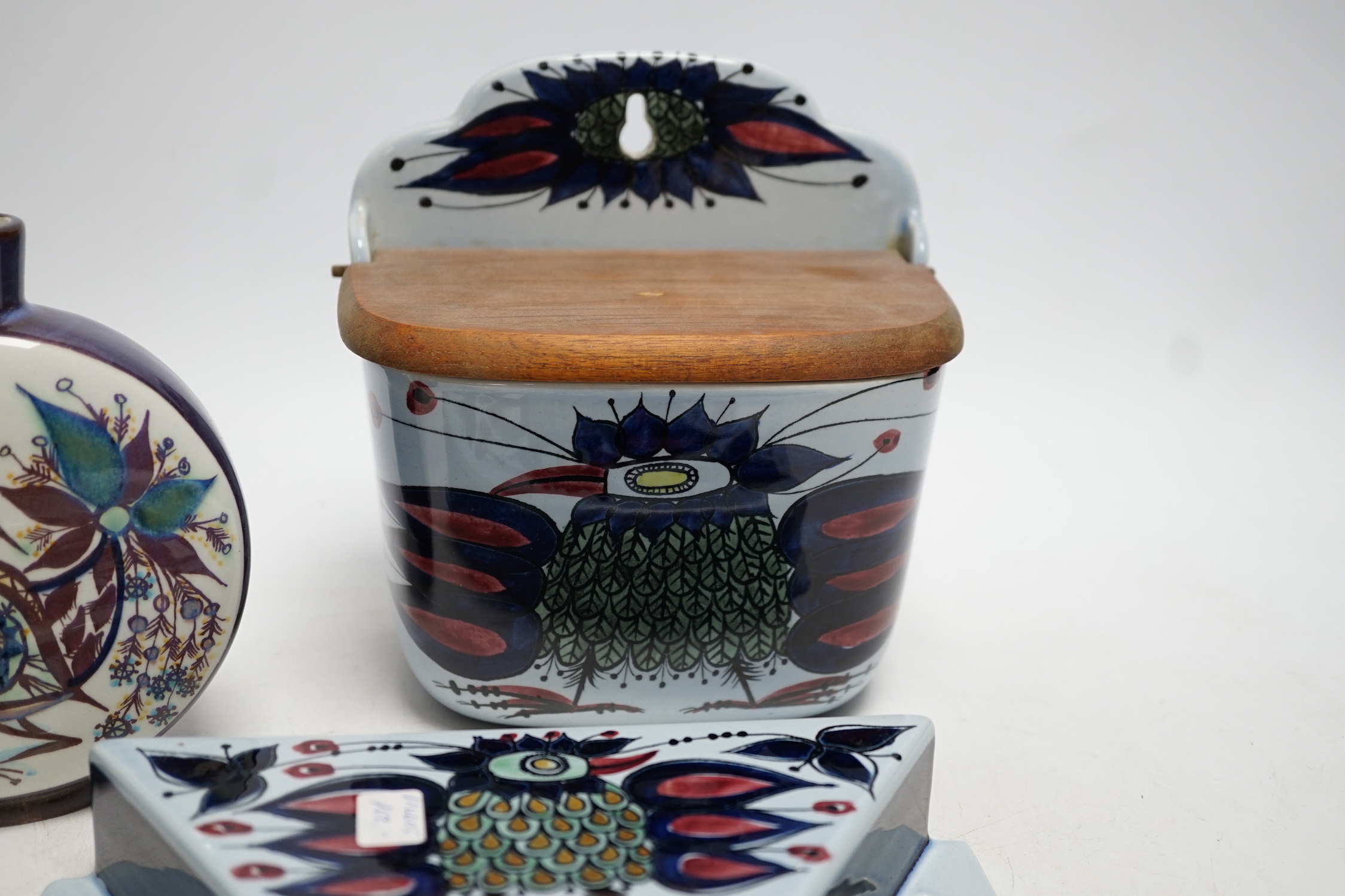 Royal Copenhagen fajance and Alumina wares; a salt pot with wooden cover and wall brisket, a small jug a moon shaped vase and a rectangular three section entrée dish, dish 29cm wide